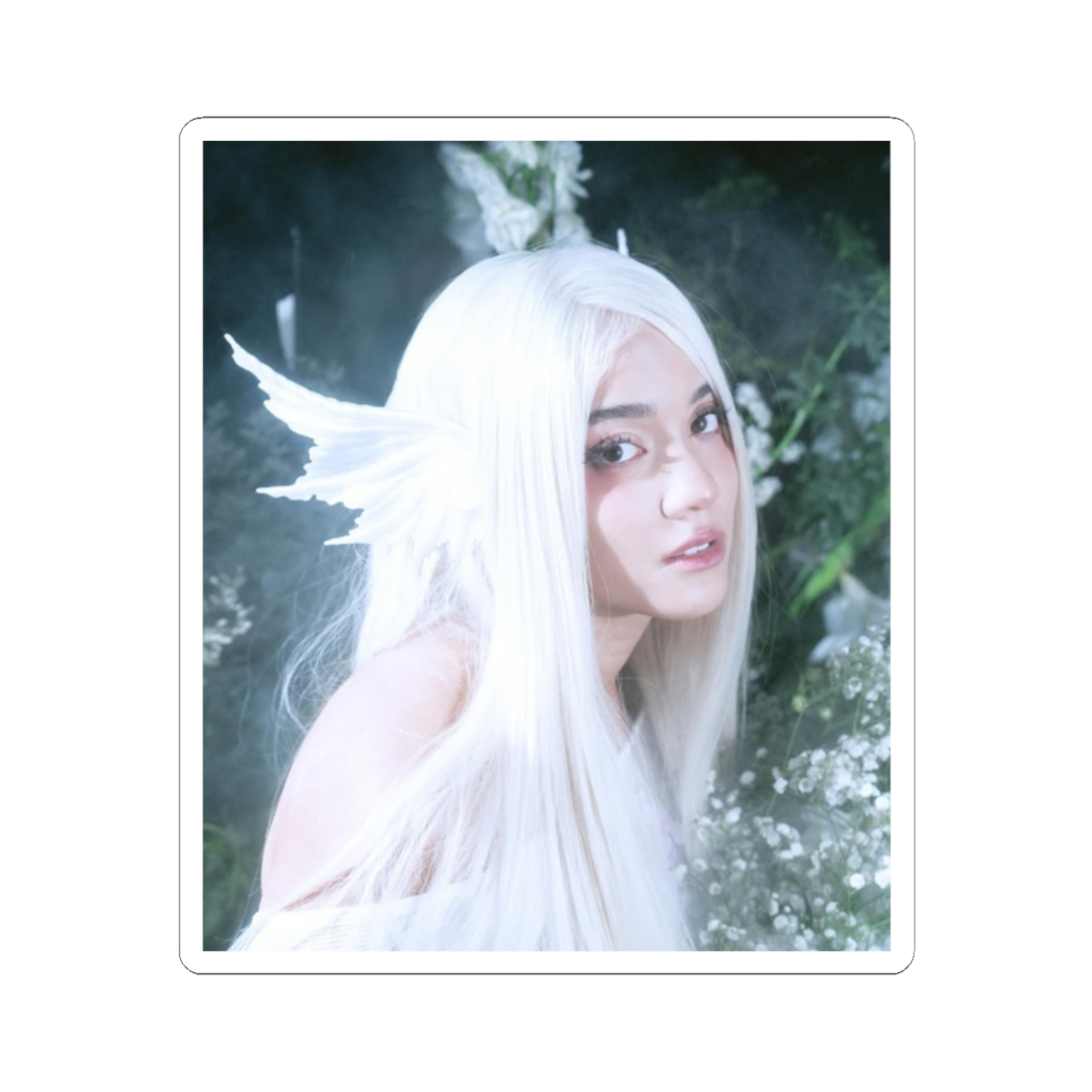 Ethereal White-haired Fairy Kiss-Cut Sticker | Fantasy Portrait, Angelic Aesthetic | Cinna - alternate angle 3, merchandise